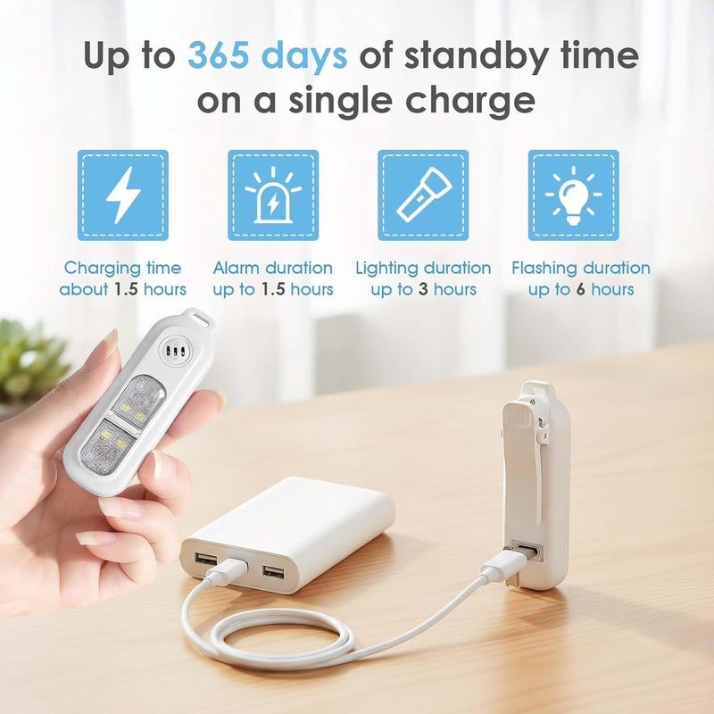 cjc Rechargeable Personal Safety Alarm for Women,130DB Self Defense Keychain Alarms with Strobe Light & LED Flashlight, Bear Alarm Deterrent, Clip-On Emergency Safety Siren for Night Runners Kid, White - Image 2